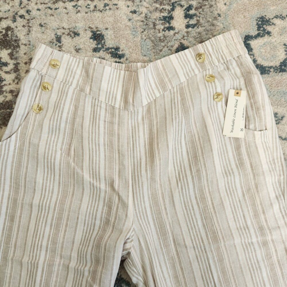 Land 'n Sea Wide Leg Pants Womens L Linen Blend Elastic White Beige Stripes - Picture 2 of 11